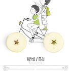 Text: "April / Mai". Illustration: Zwei Kinder auf einem Tandem. Räder sind durch Apfelscheiben dargestellt.