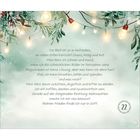 Text mit Weihnachtsthema, erwähnt Frieden. Oben Lichterkette, umgeben von grünen Zweigen. Nummer 22 in einem dekorativen Kreis.