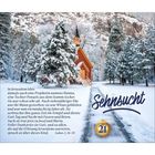 Text: Geschichte einer Prophetin namens Hanna. Schriftzug "Sehnsucht" und Zahl 21 auf einer goldenen Kugel.  
Szene: Winterlandschaft mit verschneiter Kapelle.