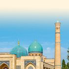 „TASCHKENT UND UMLAND“, zeigt eine Moschee mit türkisfarbenen Kuppeln und einem hohen Minarett vor blauem Himmel.