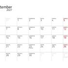 Kalender für September 2027. Montags beginnt am 6. Der 23. ist Herbstanfang, der 20. ist Weltkindertag.