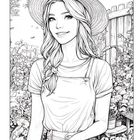 Illustration einer lächelnden Frau mit Hut und Zopf in einem blühenden Garten vor einem Zaun.