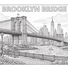 Text: "BROOKLYN BRIDGE". Illustration einer Brücke und Skyline, mit Segelboot im Wasser und Gehweg im Vordergrund.