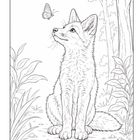 Ein Fuchs sitzt und schaut einen Schmetterling an; Pflanzen und Bäume im Hintergrund. Illustration in Linienzeichnung.