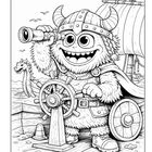 Ein fröhliches Cartoon-Monster als Wikinger an Bord eines Schiffs, mit Fernrohr und Steuerrad, im Hintergrund ein Drache im Wasser.