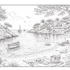 Illustration einer ruhigen Bucht mit einem Haus, Booten, Schwimmern, Liegestühlen, Sonnenschirm und einem Picknickkorb am Strand.