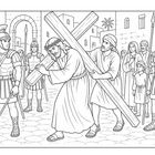 Illustration: Ein Mann trägt ein großes Kreuz, von Soldaten umgeben. Eine Menschenmenge schaut zu, darunter eine Frau und ein Kind.
