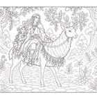Keine Texte. Illustration: Ein Elf und ein Kind reiten auf einem verzierenden Hirsch durch einen Waldpfad.
