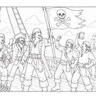 Illustration von fünf Piraten, die auf einem Schiff jubeln. Ein Pirat hält eine Flagge mit Totenkopf und gekreuzten Knochen.