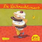 "Die Weihnachtsmaus." Illustration: Eine Maus balanciert viele Kekse. Im Hintergrund ein Stern. Unten rechts ein "pixi" Logo.