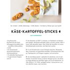 KÄSE-KARTOFFEL-STICKS, zart schmelzend. Rezept mit Zutatenliste und Zubereitungsschritte. Bild: goldene Sticks auf Papier.