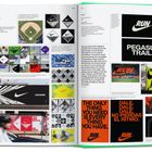 Textausschnitte beschreiben Designprojekte für Nike, einschließlich „RUN“ und „PEGASUS TRAIL“. Verschiedene Logos und Plakate sind sichtbar.