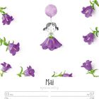 "Mai" steht groß in der Mitte. Illustration eines Mädchens mit lila Rock und Ballon. Umrahmt von lila Glockenblumen.