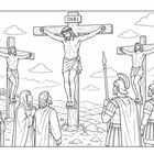 "Inri". Illustrationen von drei gekreuzigten Personen, umgeben von Zuschauern und römischen Soldaten mit Speeren.