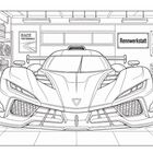 Text: "RACE PERFORMANCE", "Rennwerkstatt". Illustration eines Sportwagens in einer Werkstatt, Reifen und Werkzeuge im Hintergrund.