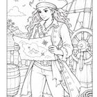 Illustration einer Piratin, die eine Schatzkarte hält. Sie steht auf einem Schiff, mit Meer und Insel im Hintergrund.
