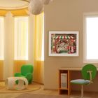 Gemälde mit "Gelateria". Kinderzimmer mit grünem Stuhl, Schreibtisch, Spielzeugklötzen und runden Deckenlichtern.