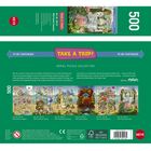"TAKE A TRIP!" auf grünem Hintergrund. 500 Teile. Illustrationen unten zeigen fantasievolle Szenen.