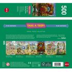„TAKE A TRIP!“ in einem auffälligen Kasten. Serie von sechs bunten Illustrationen mit fantasievollen Szenen, Puzzle-Abbildungen.