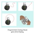 "Programmiere Crashys Route ganz ohne Display." Ein Roboter-Panda folgt gestrichelten Linien, eine Hand arbeitet an Rädern.
