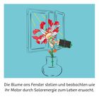 Illustration: Eine mechanische Blume mit Solarpanel in einer Vase vor einem geöffneten Fenster.