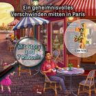 "Ein geheimnisvolles Verschwinden mitten in Paris" steht oben. Eine Illustration zeigt ein Café mit Menschen und einer Tasche.
