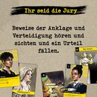 Ihr seid die Jury. Beweise der Anklage und Verteidigung hören und sichten und ein Urteil fällen. Verschiedene Karten.