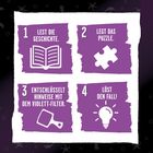 1. Lest die Geschichte. 2. Legt das Puzzle. 3. Entschlüsselt Hinweise mit dem Violett-Filter. 4. Löst den Fall! Plus Symbole.
