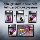 Text: "Spielgefühl wie bei einem Point-and-Click-Adventure. Dose Katzenfutter + Dosenöffner = Offene Dose Katzenfutter."

Beschreibung: Karten mit Katzenfutter, Dosenöffner und eine offene Dose. Eine futuristische Illustration im Hintergrund.