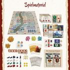 Text: "Spielmaterial", "Mini-Erweiterung: Klanlegenden". Verschiedene Spielkomponenten wie Karten, Würfel und Tokens.