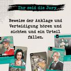 "Beweise der Anklage und Verteidigung hören und sichten und ein Urteil fällen." Illustrationen von Spielkarten.