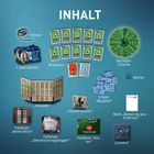 Oben steht "INHALT". Verschiedene Spielelemente mit Bezeichnungen wie „Schnur“, „7 Spezialisten“, „86 Karten“.