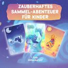 „Zauberhaftes Sammel-Abenteuer für Kinder“. Drei glitzernde Fantasiekarten mit märchenhaften Tieren und Symbolen.