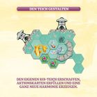 Text: "DEN TEICH GESTALTEN" oben und "DEN EIGENEN KOI-TEICH ERSCHAFFEN, AKTIONSKARTEN... HARMONIE ERZEUGEN." unten. Hexagonale Teichillustration mit Kois.