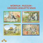 Text in roter Schrift: "WÜRFELN - PUZZLEN - GROSSER LIESELOTTE SPASS"
Darunter vier bunte Illustrationen mit einer Kuh.
