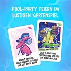 Pool-Party feiern im lustigen Kartenspiel. Zwei Illustrationen von Dinos auf Karten mit spielbezogenen Anweisungen.