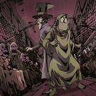 Illustration: Zwei Menschen in einem Waggon voller Skeletten, einer trägt einen Zylinderhut, der andere einen Umhang.