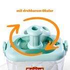 „Mit drehbarem Okular“ steht oben. Darunter ein mintgrüner Deckel mit Drehverschluss, umgeben von Pfeilen.