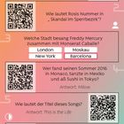 Fragen mit Antworten über Städte und Musik, z. B. Neapel und Barcelona. QR-Codes und stilisierte Symbole sind präsent.