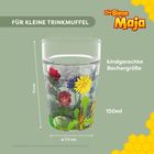 Auf grünem Hintergrund ein Glas mit bunten Blumen, Text: "FÜR KLEINE TRINKMUFFEL", "kindgerechte Bechergröße", 150ml.