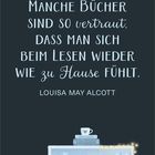 Kalender für Februar 2023. Zitat: "Manche Bücher sind so vertraut, dass man sich beim Lesen wieder wie zu Hause fühlt." Illustration: Ein blauer Sessel mit schlafender Katze, Kissen, Bücherregal.