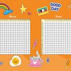 Zwei nebeneinanderliegende Gitternetze mit „Meins“ und „Deins“, umgeben von bunten Illustrationen: Regenbogen, Kassetten, Katze.