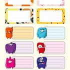 Bunte Etiketten mit Linien zum Beschriften, umrahmt von floralen Mustern und lustigen Monster-Illustrationen.