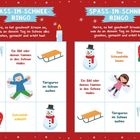 "SPASS-IM-SCHNEE BINGO" steht oben. Es gibt zwei farbenfrohe Bingo-Karten mit Wintermotiven.
