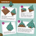 TANNENBAUM: Eine Anleitung in vier Schritten zeigt das Falten eines Papier-Tannenbaums mit Pfeilen und gestrichelten Linien.