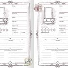 Zwei identische Buchbewertungsseiten mit Feldern für Titel, Autor:in, Genre, Verlag und Bewertung. Verziert mit Buchillustration.