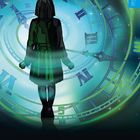 Text: „Die drei ???“. Illustration: Eine Person vor einer Uhr mit römischen Ziffern, umgeben von Sternen.