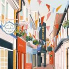 Text: "That Little Teashop in The Lanes", "len", "DOYLES". Illustration einer bunten Gasse mit Flaggen und Geschäften.