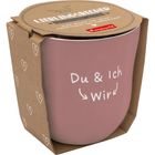 Text: "Du & Ich → Wir". Becher in rosa mit Herzmotiven auf Verpackung.