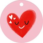 Eine Illustration eines roten Herzens mit geschlossenen Augen und einem lächelnden Mund, umgeben von kleinen weißen Herzen.